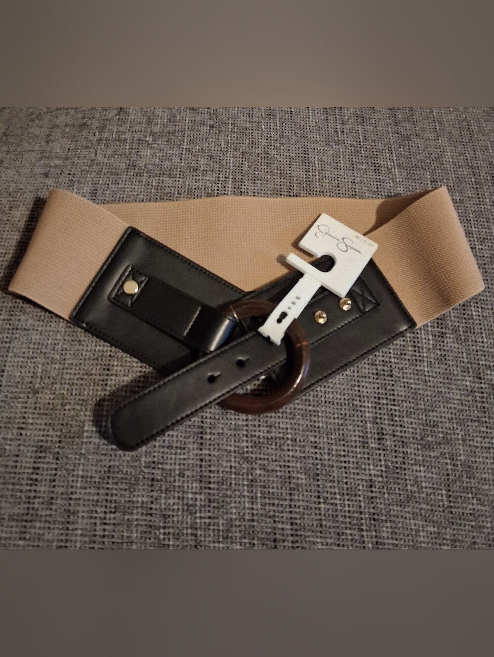 Jessica Simpson Black and Tan Wide Waist Belt with Brown Bamboo Ring